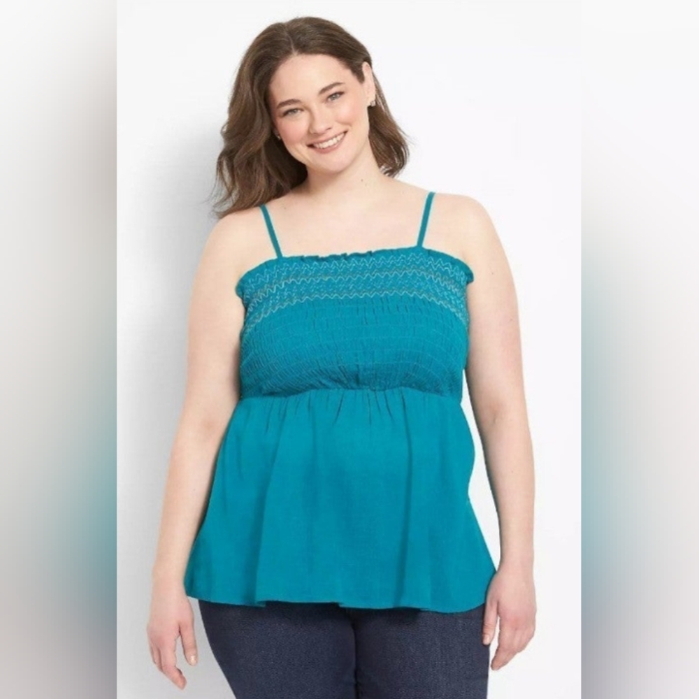 Lane Bryant 100% Cotton Classic Square-Neck Smocked Tank-Tahitian Tide 14W NWT